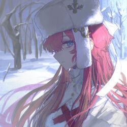 1girl bare_tree blue_eyes cross_tie day fur_hat hat highres kuukip long_hair looking_at_viewer outdoors profile red_hair reverse:1999 shirt snow solo tree upper_body ushanka white_hat white_shirt yenisei_(reverse:1999)
