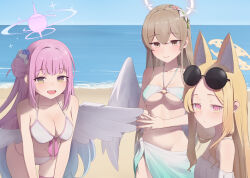 Rule 34 | 3girls, :d, absurdres, animal ear fluff, animal ears, beach, bikini, blonde hair, blue archive, breasts, cleavage, eyewear on head, flower, fox ears, fox girl, frills, gradient bikini, gradient eyes, hair between eyes, hair bun, hair flower, hair ornament, halo, halterneck, highres, leaning forward, long hair, looking at viewer, low wings, medium breasts, mika (blue archive), multicolored eyes, multiple girls, nagisa (blue archive), o-ring, o-ring top, open mouth, pink hair, ruha (ruha12haru), sarong, seia (blue archive), single side bun, small breasts, smile, swimsuit, tea party (blue archive), white bikini, white wings, wings, yellow eyes, yellow halo