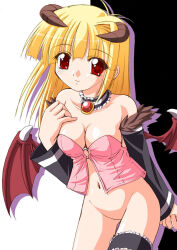 Rule 34 | 1girl, 2000s (style), aozora remina, babydoll, bad id, black background, black choker, black sleeves, blonde hair, blush, bottomless, breasts, brown horns, choker, cleavage, commentary request, dated commentary, demon girl, demon horns, demon wings, detached sleeves, frilled choker, frilled thigh strap, frills, fur-trimmed sleeves, fur trim, horns, long hair, looking at viewer, medium breasts, navel, no pussy, o-ring, o-ring top, pink babydoll, ragfes, ragnarok online, red brooch, red eyes, red wings, smile, solo, succubus (ragnarok online), thigh strap, two-tone background, wings