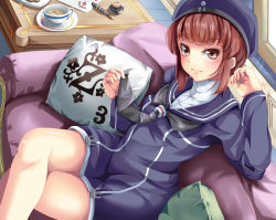 10s 1girl couch crossed_legs cup cushion desk female_focus hat inkwell kantai_collection looking_at_viewer nib_pen_(object) pen red_eyes red_hair saucer short_hair sitting solo tea teacup yumibakama_meme z3_max_schultz_(kancolle)