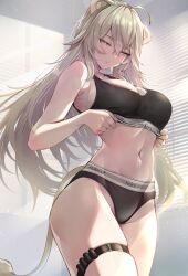 1girl ahoge alternate_costume animal_ears bare_shoulders black_panties black_sports_bra breasts clothes_writing commentary_request copyright_name cowboy_shot expressionless grey_eyes grey_hair half-closed_eyes highres hololive indoors large_breasts lion_ears lion_tail long_hair looking_down navel omoti_(1201208) panties parted_lips shishiro_botan solo sports_bra stomach tail thigh_strap underwear underwear_only underwear_writing virtual_youtuber window_blinds
