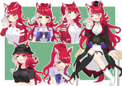 1girl absurdres animal_ears blush boots breasts bucket_hat cleavage closed_eyes closed_mouth collarbone commentary_request full_body hair_between_eyes hair_ornament hat highres hirabetsu horse_girl jacket long_hair looking_at_viewer loves_only_you_(umamusume) medium_breasts mole mole_on_neck mole_under_eye open_mouth red_hair school_uniform smile solo thighhighs tracen_school_uniform track_jacket umamusume yellow_eyes