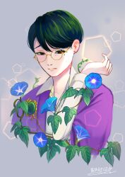 1boy absurdres androgynous arm_vines blue_flower brown_eyes closed_mouth collared_shirt cropped_torso earrings flower glasses green_hair grey_background hand_up highres japanese_clothes jewelry kimono leaf long_sleeves looking_at_viewer male_focus miwonosuke_t mole mole_under_eye morning_glory non-circular_lens_flare original plant purple_kimono shirt short_hair stud_earrings swept_bangs upper_body vines white_shirt