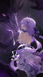 Rule 34 | 1girl, absurdres, back, bare shoulders, black tiara, bow, breasts, bug, butterfly, castorice (honkai: star rail), commentary, cowboy shot, dragon, dress, elbow gloves, from behind, gloves, hair bow, highres, honkai: star rail, honkai (series), insect, large breasts, long hair, looking at animal, netherwing (honkai: star rail), purple bow, purple butterfly, purple eyes, purple gloves, purple hair, shin oooooo, shoulder blades, solo, tiara, very long hair, white dress