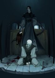 1boy absurdres arm_behind_back black_background black_eyes black_hair black_hanfu blood blood_drip blood_on_face blood_on_ground bubble chinese_clothes closed_mouth crack cracked_floor defeat earrings folding_fan frown full_body hand_fan hanfu he_xuan highres holding_another&#039;s_hair jar jewelry korean_commentary little_modao long_hair long_sleeves looking_down male_focus ponytail sash skeleton solo spoilers standing stone_floor tianguan_cifu