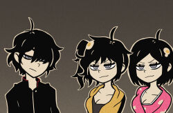 Rule 34 | 1boy, 2girls, :3, andrew graves, antenna hair, araragi karen, araragi koyomi, araragi tsukihi, arms at sides, ashley graves, black jacket, black shirt, bob cut, breasts, bright pupils, brother and sister, cleavage, closed mouth, collarbone, commentary, egg hair ornament, english commentary, eyelashes, food-themed hair ornament, fried egg, gakuran, grey background, grey eyes, hair ornament, hair over one eye, highres, hood, hood down, jacket, japanese clothes, kimono, light frown, long hair, long sleeves, mandarin collar, medium breasts, monogatari (series), multiple girls, naoetsu high school uniform, narrowed eyes, nemlei (style), nisemonogatari, open clothes, open jacket, outline, paper texture, parody, pink kimono, school uniform, shirt, short hair, siblings, side ponytail, sisters, sleeptopi, smile, smug, style parody, swept bangs, t-shirt, the coffin of andy and leyley, upper body, upturned eyes, v-shaped eyebrows, white outline, white pupils, yellow jacket