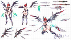 1girl ass boots breasts cleavage clenched_hand commission covered_navel elbow_gloves floating floating_object floating_weapon full_body gloves headgear high_heel_boots high_heels holding holding_sword holding_weapon horns large_breasts leotard looking_at_viewer mecha_musume mechanical_ears mechanical_horns mechanical_wings multiple_views original red_hair reference_sheet rou_senka short_hair skeb_commission smile sword thick_thighs thighhighs thighs underboob weapon white_background wings