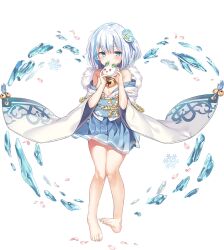 1girl artist_request bad_source bare_legs bare_shoulders barefoot bell blue_eyes blue_hair blue_skirt breasts cleavage full_body fur_trim game_cg holding ice jingle_bell light_blush official_art sennen_sensou_aigis short_hair skirt small_breasts snowflakes solo third-party_source transparent_background yukihime_(sennen_sensou_aigis)