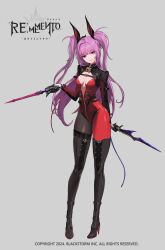 1girl black_bodysuit black_boots black_bow black_gloves black_pantyhose bodysuit boots bow breasts chesha_(rememento) cleavage_cutout clothing_cutout copyright_name copyright_notice dagger dual_wielding full_body gloves grey_background grin hair_bow high_heels highres holding holding_dagger holding_knife holding_weapon knife legs_apart logo long_hair medium_breasts no_bra official_art pantyhose pigeon-toed pointy_ears purple_eyes purple_hair red_bodysuit rememento:_white_shadow single_leg_bodysuit smile solo standing tachi-e thigh_boots two-tone_bodysuit two_side_up very_long_hair weapon
