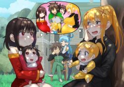 1boy 3girls aqua_(konosuba) bad_source blonde_hair blue_hair breasts brown_hair child darkness_(konosuba) duplicate garden harem if_they_mated izawa_(bhive003) kono_subarashii_sekai_ni_shukufuku_wo! mansion megumin multiple_girls pregnant satou_kazuma