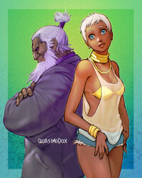 1boy 1girl akuma_(street_fighter) alternate_costume beard black_sclera blue_eyes blue_shorts bra breasts cleavage colored_sclera crossed_arms dark-skinned_female dark-skinned_male dark_skin denim denim_shorts earrings elena_(street_fighter) exposed_pocket facial_hair grey_jacket highres jacket jewelry medium_breasts neck_ring old old_man parted_lips quasimodox see-through_clothes shirt short_hair short_shorts shorts sideless_shirt sleeveless sleeveless_shirt street_fighter street_fighter_6 topknot underwear very_short_hair white_hair white_shirt yellow_bra