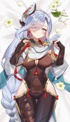 1girl :o absurdres aqua_eyes black_bodysuit blue_eyes blue_hair blush bodysuit braid breast_curtain breast_curtain_lift breasts brown_bodysuit chinese_knot cleavage clothes_lift clothing_cutout covered_navel cowboy_shot earrings flower genshin_impact gloves gold_trim hair_ornament hair_over_one_eye highres hip_vent jewelry large_breasts long_hair long_sleeves looking_at_viewer low-braided_long_hair low-tied_long_hair lying narrow_waist on_back open_mouth partially_fingerless_gloves pn_(wnsl216) puffy_long_sleeves puffy_sleeves shenhe_(genshin_impact) shoulder_cutout side_cutout solo stomach_cutout swept_bangs tassel tassel_earrings thigh_cutout thigh_gap very_long_hair