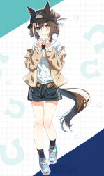 1girl absurdres alternate_costume blue_eyes blush breasts brown_hair cheval_grand_(umamusume) food full_body hair_between_eyes hair_ornament hat highres holding holding_food horse_girl jacket juri-arima looking_at_viewer medium_breasts medium_hair shorts smile solo steamed_bun umamusume