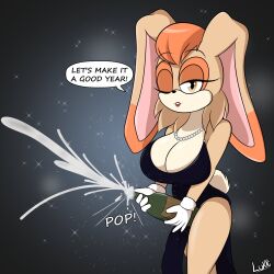 black_dress bottle breasts brown_eyes curvy dress highres jewelry large_breasts lipstick looking_at_viewer luckster1234 makeup bad_tag necklace new_year one_eye_closed orange_hair pearl_necklace rabbit_ears rabbit_girl rabbit_tail sonic_(series) talking vanilla_the_rabbit