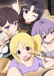 4girls absurdres awa_subaru bang_dream! bang_dream!_it&#039;s_mygo!!!!! bite_mark blonde_hair blunt_bangs bocchi_the_rock! breasts brown_hair collarbone drum drumsticks earrings girls_band_cry highres holding holding_drumsticks ijichi_nijika instrument jewelry looking_at_viewer mole mole_under_eye multiple_girls nanafuku parted_bangs purple_eyes purple_hair purple_shirt shiina_taki shirt short_hair side_ponytail smile sweat v yuutenji_nyamu