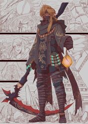 Rule 34 | 1boy, blonde hair, blue eyes, earrings, gloves, highres, holding, holding lantern, holding sickle, jewelry, jun wu mo, lantern, link, male focus, nintendo, pointy ears, princess zelda, sickle, sidelocks, the legend of zelda, the legend of zelda: tears of the kingdom, weapon