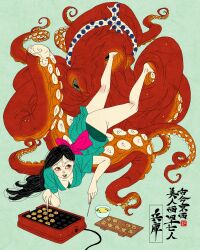 1girl absurdres annotated aqua_kimono artist_logo back_bow barefoot black_hair bow breasts cleavage cooking food highres hyogo_prefecture japanese_clothes kimono logo octopus okonomiyaki original sei5osuzuki solo tentacles tray upside-down