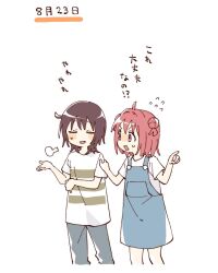 2girls ahoge akaza_akari blue_pants blue_skirt blush_stickers brown_hair closed_eyes commentary_request cropped_legs double_bun flying_sweatdrops funami_yui hair_bun hand_on_another&#039;s_shoulder highres multiple_girls namori open_mouth pants pointing puff_of_air purple_eyes red_hair shirt short_hair short_sleeves simple_background skirt small_sweatdrop striped_clothes striped_shirt suspender_skirt suspenders translation_request v-shaped_eyebrows white_background white_shirt yuruyuri