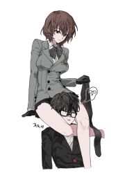 Rule 34 | 1boy, 1girl, akechi gorou, amamiya ren, between thighs, black-framed eyewear, black gloves, black hair, black jacket, breasts, brown hair, buttons, closed mouth, collared shirt, commentary request, femdom, genderswap, genderswap (mtf), glasses, gloves, grey jacket, hair between eyes, head between thighs, highres, jacket, korean commentary, looking at another, looking down, medium breasts, pantyhose, persona, persona 5, pppp6212, red eyes, school uniform, scissorhold, shirt, short hair, shuujin academy school uniform, simple background, smile, unworn pantyhose, white background, white shirt