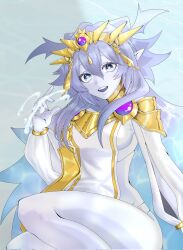 Rule 34 | 1girl, collar, crop top, detached sleeves, dominus impulse, duel monster, grey eyes, grey hair, head wings, highres, looking at viewer, midriff, pale skin, pelvic curtain, pointy ears, qiu (ayaka), sitting, smile, solo, tiara, wings, yu-gi-oh!