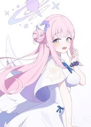 1girl absurdres black_scrunchie blue_archive blue_bow bow breasts capelet dress feathered_wings flower hair_bun hair_flower hair_ornament hair_scrunchie halo highres large_breasts long_hair looking_at_viewer low_wings mika_(blue_archive) open_mouth pink_hair scrunchie sidelocks simple_background single_hair_bun single_side_bun solo vec_ka very_long_hair white_background white_capelet white_dress white_scrunchie wings wrist_scrunchie yellow_eyes