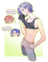 Rule 34 | 1boy, 1girl, amate yuzuriha, blue hair, blush, chibi, chibi inset, closed eyes, clothes lift, colored inner hair, commentary, gradient background, grid background, gundam, gundam gquuuuuux, hand on own hip, highres, mtyyjy, multicolored hair, navel, open mouth, paint on body, paint on clothes, paint splatter, paint splatter on face, purple hair, red eyes, red hair, shirt lift, short hair, shuji ito, sleeveless, smile, speech bubble, tank top, translation request, two-tone hair, white background