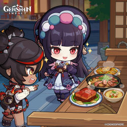 2girls absurdres black_hair black_nails blunt_bangs blunt_ends blurry blurry_background bonnet bowl braid chibi chinese_clothes commentary copyright_name dark-skinned_female dark_skin dot_nose dress drooling english_commentary eyeliner fishnets food from_side full_body genshin_impact hair_ornament hand_on_own_chest highres jewelry lolita_fashion long_hair long_sleeves makeup meat multicolored_hair multiple_girls nail_polish official_art open_mouth pantyhose plate pointing purple_hair qi_lolita red_eyes red_hair ring smile soup sparkle standing steam streaked_hair tassel thighs tree vision_(genshin_impact) xinyan_(genshin_impact) yellow_eyes yun_jin_(genshin_impact)