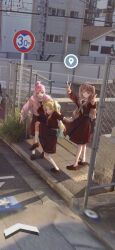 Rule 34 | &gt; &lt;, 3girls, :d, :q, ^ ^, ahoge, anyoji hime, aqua neckerchief, black bow, black ribbon, blonde hair, blue hair, blunt bangs, bow, bow legwear, brown dress, brown hair, brown shoes, chain-link fence, closed eyes, commentary, double v, dress, fence, flower, fujishima megumi, google maps, google street view, gradient hair, hair flower, hair ornament, hair ribbon, hasu no sora school uniform, high school girls posing for google street view (meme), highres, hood, hooded jacket, jacket, jitome, knee up, l9525, light blue hair, link! like! love live!, loafers, long hair, long sleeves, love live!, medium dress, meme, mira-cra park!, multi-tied hair, multicolored hair, multiple girls, neckerchief, open clothes, open jacket, open mouth, osawa rurino, overhead line, parted bangs, photo-referenced, photo background, pink flower, pink hair, pink jacket, pleated dress, ponytail, purple eyes, red neckerchief, ribbon, road sign, sailor collar, sailor dress, school uniform, shoes, sidelocks, sidewalk, sign, smile, socks, standing, standing on one leg, swept bangs, tactile paving, tongue, tongue out, twintails, two side up, v, very long hair, virtual youtuber, white sailor collar, white socks, winter uniform, xd, yellow neckerchief