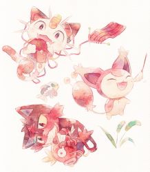 :d cat_teaser creatures_(company) closed_eyes fangs fish game_freak gen_1_pokemon gen_3_pokemon gen_7_pokemon highres holding knitting_needle light_blush litten magikarp meowth needle nintendo no_humans oharu-chan open_mouth pokemon pokemon_(creature) skin_fangs skitty smile tongue wishiwashi wishiwashi_(solo) yarn yarn_ball |d