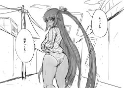 ! !! 1girl ass bare_legs blush breasts buruma curvy dark-skinned_female dark_skin embarrassed gym_uniform hair_ribbon hands_in_pockets highleg highleg_buruma highres huge_ass long_hair long_twintails looking_at_another looking_at_viewer looking_back mizuki_yukikaze mizutani_rin monochrome open_mouth outdoors ribbon road shiny_skin skindentation solo street sweat taimanin_(series) taimanin_yukikaze translation_request twintails two_side_up very_long_hair wide_hips