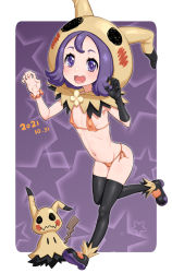 1girl acerola_(fall_2020)_(pokemon) acerola_(pokemon) bead_bracelet beads bikini bracelet claw_pose commentary cosplay creatures_(company) eyelashes game_freak gen_7_pokemon gloves hood hood_up jewelry looking_at_viewer micro_bikini mimikyu mimikyu_(cosplay) nintendo open_mouth pokemon pokemon_masters_ex single_glove star_(symbol) swimsuit torathi