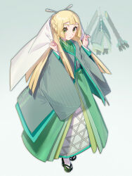 1girl absurdres alternate_costume alternate_hairstyle blonde_hair blunt_bangs blush braid celesteela celesteela_(cosplay) cosplay creatures_(company) fua1heyvot4ifsr full_body game_freak gen_7_pokemon geta gradient_background green_background green_eyes green_kimono green_sandals hair_ornament hair_stick half_up_half_down_braid hands_up highres japanese_clothes kimono layered_clothes lillie_(pokemon) long_hair long_sleeves looking_at_viewer looking_to_the_side nintendo okobo parted_lips platform_sandals pokemon pokemon_sm reference_inset sandals socks standing three_quarter_view ultra_beast w_arms white_background white_socks wide_sleeves
