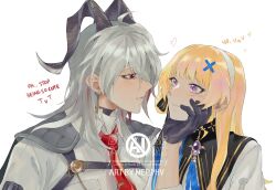 2girls black_gloves blonde_hair blue_brooch blush closed_mouth collared_shirt commentary ear_blush earrings english_text gloves grey_hair hair_ornament hairband heart horns jewelry key_earrings long_hair merphv mole mole_under_eye multiple_girls necktie parted_lips phoebe_(wuthering_waves) purple_eyes red_eyes red_necktie shirt simple_background sparkle upper_body watermark white_background white_hairband white_shirt wuthering_waves yuri zani_(wuthering_waves)