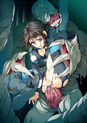 1girl anal biting bodysuit breasts brown_hair censored claws cleavage cum cum_in_ass diving_suit highres jill_valentine monster mosaic_censoring nipples ooze_(resident_evil) penis rape resident_evil resident_evil:_revelations sex slime_(substance) tamiya_akito torn_clothes wetsuit