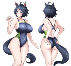 1girl ahoge alternate_costume animal_ears ass bare_shoulders black_one-piece_swimsuit blue_eyes blue_hair breasts cleavage closed_mouth clothing_cutout commentary_request covered_navel cowboy_shot ear_ornament fuji_kiseki_(umamusume) highres horse_ears horse_girl horse_tail large_breasts miya_nns35 multiple_views one-piece_swimsuit short_hair simple_background smile swimsuit tail tail_through_clothes umamusume white_background