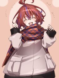 1girl akane_canna alternate_costume antenna_hair blush brown_background closed_eyes coat commentary_request cowboy_shot grey_coat hair_between_eyes hands_up highres multicolored_hair musical_note nanashi_inc. open_mouth plaid_clothes plaid_scarf purple_hair red_hair red_scarf scarf short_hair sleeves_past_wrists smile solo streaked_hair tomo_tomotosix two-tone_hair virtual_youtuber