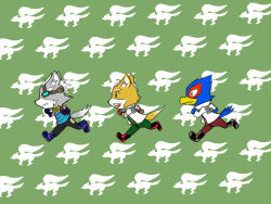 3boys animal_ears chibi falco_lombardi fox0709 fox_boy fox_mccloud furry furry_male gloves multiple_boys nintendo parody running smile smooooch star_fox tail wings wolf_boy wolf_o&#039;donnell