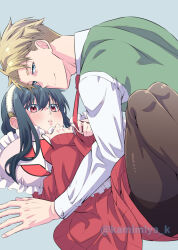 1boy 1girl black_hair blonde_hair blue_eyes blush breasts dress hairband highres husband_and_wife kamimiya long_hair looking_at_viewer off-shoulder_sweater off_shoulder open_mouth sidelocks smile spy_x_family sweater sweater_dress twilight_(spy_x_family) yor_briar