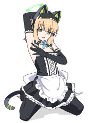 1girl :d animal_ear_headphones animal_ears apron arm_up armpits black_gloves black_pantyhose black_skirt blonde_hair blue_archive blue_bow bow breasts cleavage elbow_gloves fake_animal_ears frilled_apron frills full_body gloves green_eyes hair_bow halo headphones kneeling loli long_hair looking_at_viewer midori_(blue_archive) midori_(maid)_(blue_archive) nyaru_(nyaru_4126) open_mouth pantyhose pleated_skirt shadow simple_background skirt small_breasts smile solo spread_armpit tail waist_apron white_apron white_background