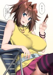 1girl absurdres belt between_fingers blue_eyes bracelet breasts brown_hair chair commentary_request hair_between_eyes hair_intakes hair_ornament hair_scrunchie highres holding jewelry large_breasts mattari_yufi mazaki_anzu necklace open_mouth pleated_skirt ponytail scrunchie sitting skirt sleeveless smile solo striped_clothes striped_thighhighs thighhighs translation_request yu-gi-oh! yu-gi-oh!_the_dark_side_of_dimensions