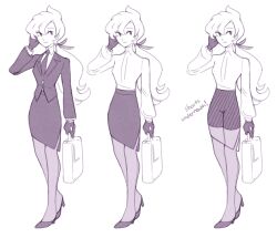 1girl anabel_(pokemon) full_body gloves high_heels limited_palette long_sleeves nintendo pencil_skirt pokemon pokemon_sm puffy_long_sleeves puffy_sleeves shorts shorts_under_skirt skirt solo standing vergolophus