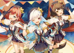 3girls :d ange_katrina animal_ears animal_hair_ornament ankle_boots beret blue_background blue_eyes blue_gloves blue_hair blue_hat blue_ribbon blue_shorts blue_skirt blue_socks blush boots braid breasts brown_hair brown_tail bunting colored_inner_hair colored_lapels commentary_request crown_hat_ornament dog_ears dog_girl dog_tail fangs finger_counting frilled_skirt frills gloves grin group_picture hair_intakes hair_ornament hair_ribbon half_gloves hand_up hat highres idol_clothes inui_toko jacket leg_ribbon legwear_garter lize_helesta long_hair looking_at_viewer low_twin_braids miniskirt mizuki_fua multicolored_hair multiple_girls neck_ribbon nijisanji one_eye_closed open_mouth pleated_skirt purple_eyes purple_ribbon reaching reaching_towards_viewer red_hair red_ribbon ribbon sanbaka_(nijisanji) sanbaka_anniversary_outfit short_sleeves shorts single_hair_intake single_wrist_cuff skirt small_breasts smile socks standing star_(sky) starry_sky_background streaked_hair tail teeth thigh_strap twin_braids twitter_username two-tone_hair upper_teeth_only v very_long_hair virtual_youtuber white_boots white_hair white_jacket white_wrist_cuffs wrist_cuffs wrist_ribbon yellow_eyes
