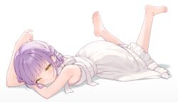 1girl absurdres bare_arms barefoot braid dress feet feet_up full_body highres looking_at_viewer lying miyayoki on_stomach original purple_hair simple_background sleeveless sleeveless_dress soles solo toes white_background yellow_eyes