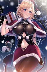 Rule 34 | 1girl, absurdres, alternate costume, bat tattoo, black gloves, black horns, blonde hair, blue eyes, breast tattoo, breasts, chocolat-chan (yuzuki choco), christmas, cleavage, collar, demon girl, demon horns, demon tail, demon wings, dress, fishnet pantyhose, fishnets, fur-trimmed dress, fur trim, gift, gloves, hat, highres, hololive, horn ornament, horn ring, horns, kamishiro mai (capti-no), large breasts, looking at viewer, navel, pantyhose, pointy ears, santa capelet, santa hat, solo, swept bangs, tail, tattoo, virtual youtuber, winged heart, wings, yuzuki choco