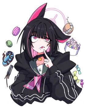 Rule 34 | 1girl, animal ears, black choker, black hair, black jacket, blue archive, cake, candy, cat ears, cat girl, choker, colored inner hair, commentary, cropped torso, dr yamero, food, green sailor collar, halo, hand up, hood, hood down, hooded jacket, jacket, kazusa (blue archive), long sleeves, macaron, medium hair, multicolored hair, neckerchief, pink eyes, pink hair, pink halo, pink neckerchief, pocky, puffy long sleeves, puffy sleeves, reisa (blue archive), sailor collar, simple background, solo, twitter username, watermark, white background