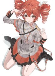 1girl black_boots blush boots buttons closed_mouth double-breasted double-parted_bangs drill_hair full_body grey_jacket grey_skirt hair_between_eyes hair_ribbon hands_up highres jacket kasane_teto kasane_teto_(sv) long_sleeves looking_at_viewer red_eyes red_hair ribbon schu_1112 short_hair simple_background sitting skirt solo synthesizer_v twin_drills utau wariza white_background white_ribbon