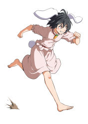 1girl animal_ears barefoot black_hair blush carrot_necklace clenched_hands commentary_request dress floppy_ears full_body highres inaba_tewi inuno_rakugaki jewelry necklace pink_dress rabbit_ears rabbit_girl rabbit_tail red_eyes running short_hair short_sleeves simple_background solo tail touhou white_background
