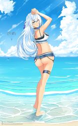 1girl absurdres ass beach bikini blue_eyes blue_sky breasts cloud commentary crossed_bangs dated double-parted_bangs eiyuu_densetsu english_commentary full_body hair_between_eyes half_updo highres instagram_logo instagram_username kuro_no_kiseki_(series) lens_flare long_hair looking_at_viewer medium_breasts non-circular_lens_flare ocean one_eye_closed outdoors parachute sand sandals shizuna_rem_misurugi sideburns sky smile solo swimsuit tropicalsalad18 twitter_username twitter_x_logo watermark wave_print web_address