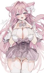 1girl animal_ears blush bow breasts cleavage cleavage_cutout clothing_cutout commentary commission cross_hair_ornament detached_sleeves dress english_commentary facial_mark fang frilled_dress frilled_sleeves frills hair_between_eyes hair_bow hair_intakes hair_ornament heart heart_hands high-waist_skirt highres lace lace_panties large_breasts long_hair looking_at_viewer mell_(dmwe3537) open_mouth original panties pink_eyes pink_hair pink_nails purple_bow purple_ribbon purple_skirt ribbon signature simple_background skirt smile solo star_(symbol) star_facial_mark tail thigh_gap thighhighs thighs underwear very_long_hair white_background white_bow white_panties white_thighhighs