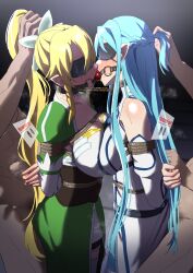 2girls arms_behind_back asuna_(sao) ball_gag bare_shoulders bdsm black_blindfold blindfold blonde_hair blue_hair bondage bound bound_arms bound_together breast_press breasts breasts_squeezed_together chain choker cleavage clothed_female_nude_male collar corset dress drooling gag gagged grabbing_another&#039;s_hair highres implied_sex large_breasts leafa_(sao) linked_gag long_hair multiple_girls nude pointy_ears ponytail restrained saliva shibari shibari_over_clothes sidelocks skindentation slave sword_art_online symmetrical_docking thighhighs very_long_hair white_dress white_thighhighs zetsu_red